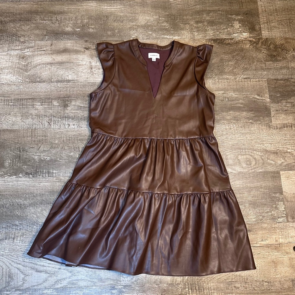 Evereve Brown Faux Leather Tiered Mini Dress Flutter Sleeve V-Neck Large